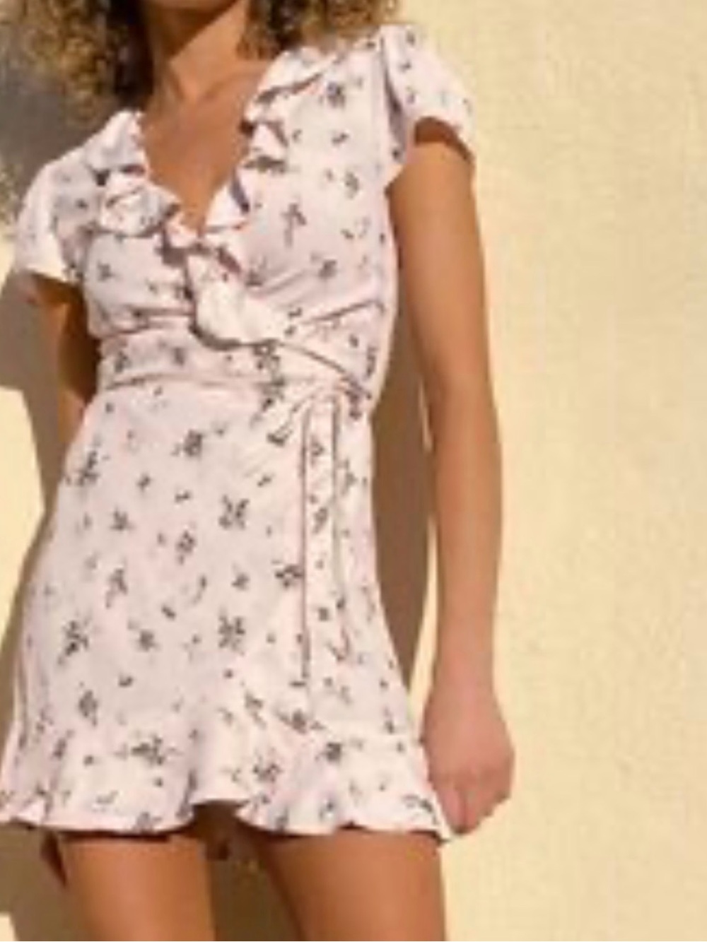 Aritzia Sunday Best Light Pink Floral Ruffle Wrap Mini Dress size S